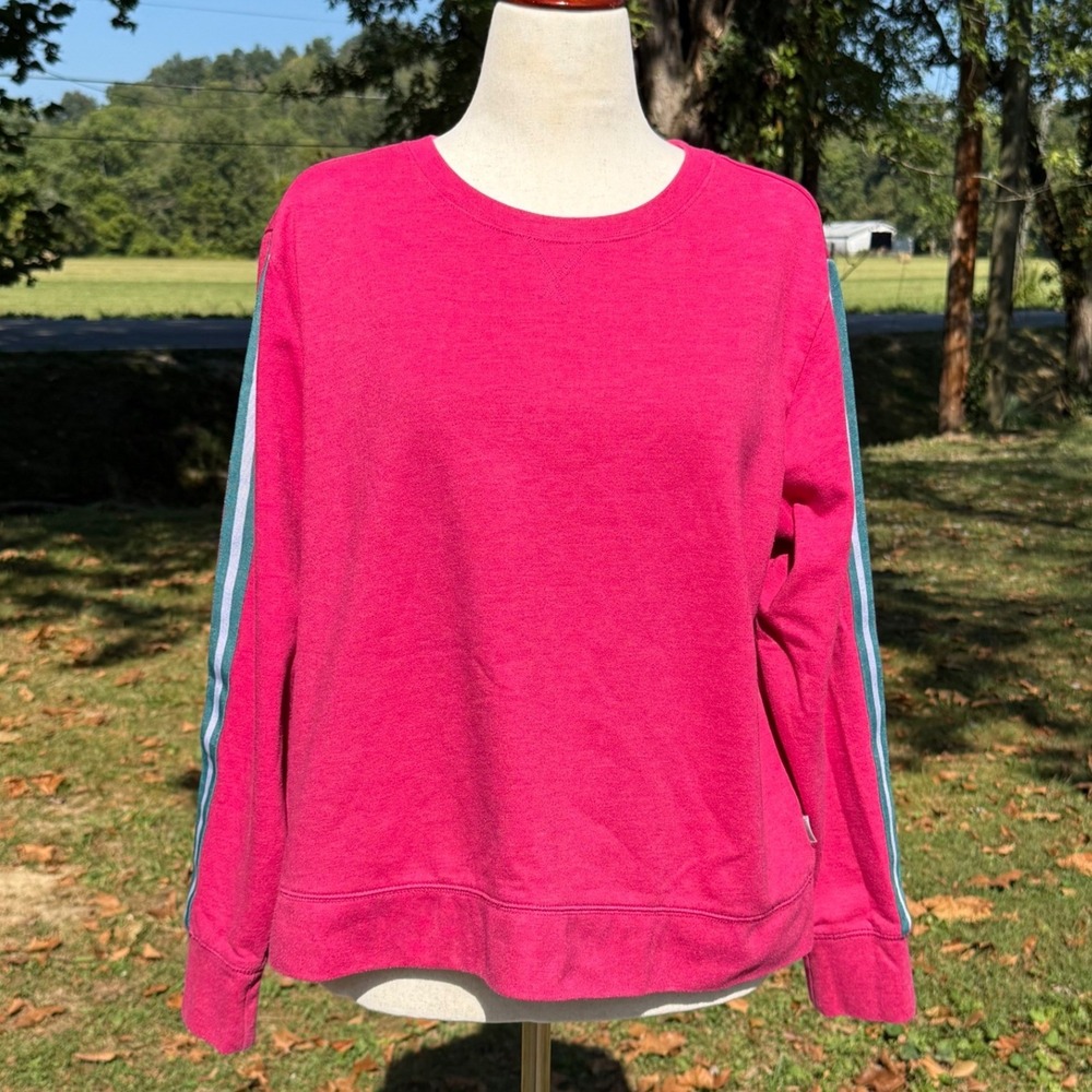 Eddie Bauer Womens XL Pink Sweatshirt Teal Racing Stripe Sleeve Crew Pullover